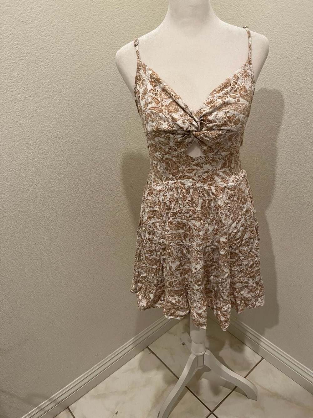 Wild Moss Brown and White Paisley Print Cut-Out Mini Dress